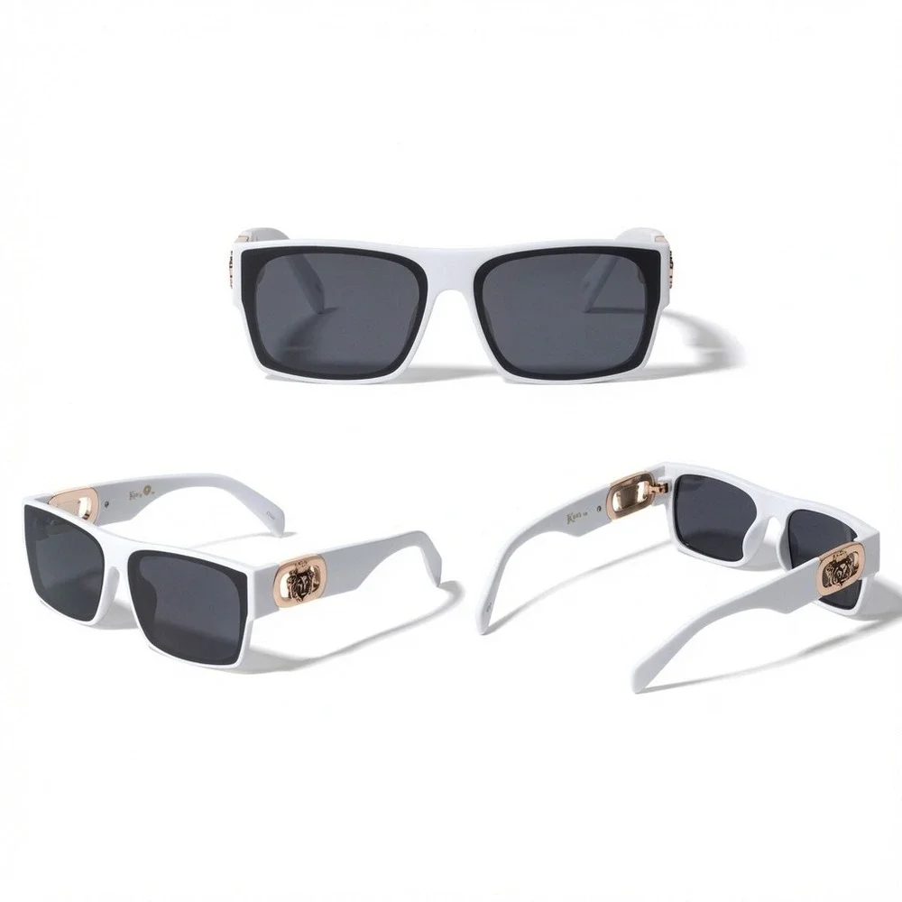 White Square Sunglasses Gold Lion Head Medallion Streetwear Shades Men Classic
